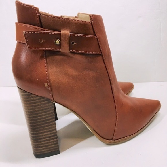 Steven Steve Madden Klick Cognac Leather Pointed Toe Block High Heel Ankle Boots - Picture 15 of 15